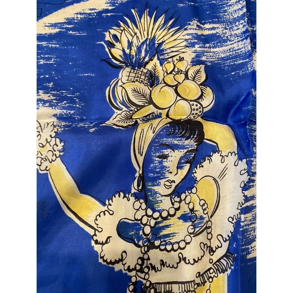 Vintage Pure Silk Scarf Carmen Miranda Dancing Woman‎ Fruit Blue Yellow Rolled